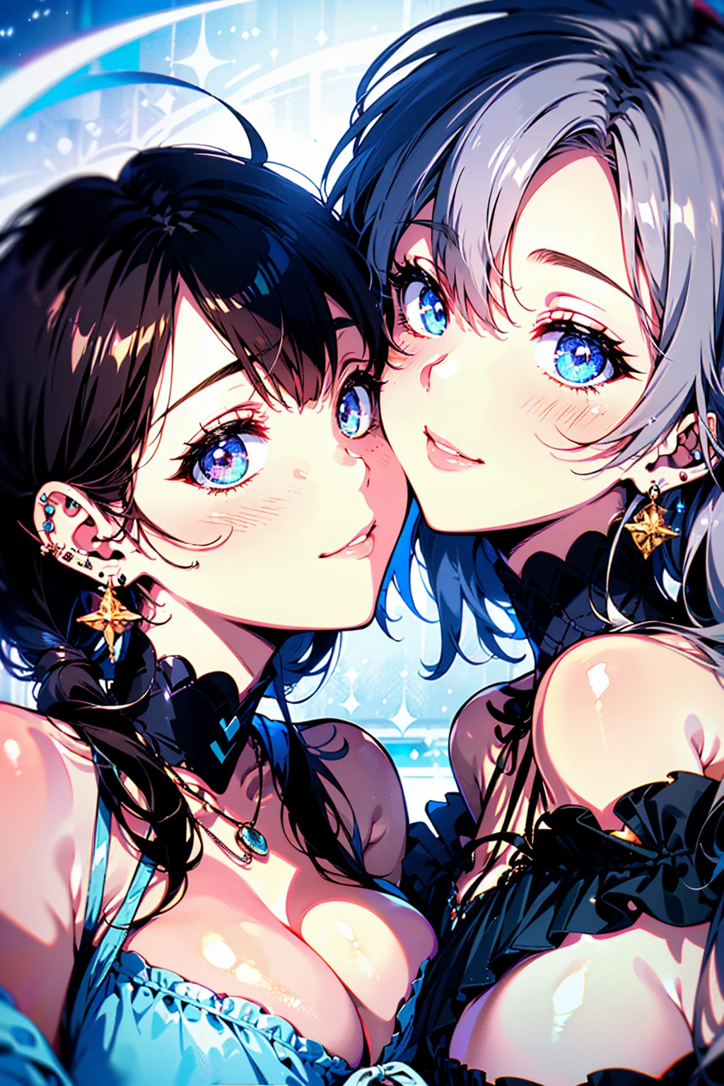 (high detail, high quality, best picture quality, masterpiece), multiple girls from above at a long distance in a rule of thirds composition Two cute Girls Night sea moon moonlit sea Two people illuminated by the moonlight Strong counterflow (The girl on the right is short and has a medium bust/Blue eyes/brown ponytail) (The girl on the left is tall and has a large bust/Red eyes/purple hair/Princess Cut, long hair) (Facing each other and holding hands) (Place your other hand around the other persons waist) (White or floral bikini) shiny glossy iridescent clothes shiny glossy latex gradient iridescent bikini shiny reflective bikini (((Close Face))) ((Face to Face)) ((Kissing Soon)) Face to face Gazing at each other ((Right before the kiss)) On the brink of kissing Embarrassed expression Blushing Half-Closed Eyes Wet body (Choker or pendant) (Earrings or pierced earrings) Alternating Breast Size Bouncing Breasts Dangling Breasts
