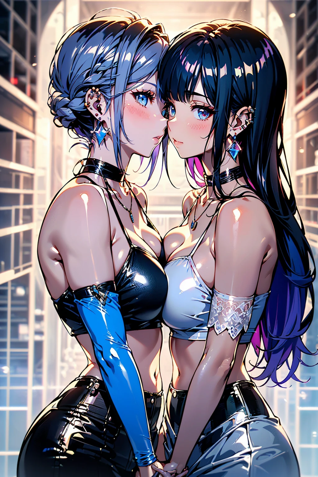 (high detail, high quality, best picture quality, masterpiece), multiple girls　from above　at a long distance　in a rule of thirds composition　Two cute Girls　Night sea　moon　moonlit sea　Two people illuminated by the moonlight　Strong counterflow　(The girl on the right is short and has a medium bust/Blue eyes/brown ponytail)　(The girl on the left is tall and has a large bust/Red eyes/purple hair/Princess Cut, long hair)　(Facing each other and holding hands)　(Place your other hand around the other persons waist)　(White or floral bikini)　shiny glossy iridescent clothes　shiny glossy latex gradient iridescent bikini　shiny reflective bikini　(((Close Face)))　((Face to Face))　((Kissing Soon))　Face to face　Gazing at each other　((Right before the kiss))　On the brink of kissing　Embarrassed expression　Blushing　Half-Closed Eyes　Wet body　(Choker or pendant)　(Earrings or pierced earrings)　Alternating Breast Size　Bouncing Breasts　Dangling Breasts　