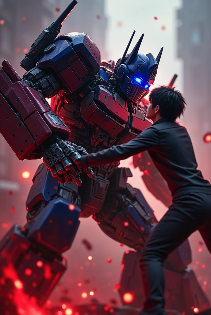 Optimus Prime, Kirito, punch, hurt, blood, ????, highly detailed, cinematic shot, dramatic lighting, epic battle scene, mechanical robot, anime character, digital art, 8k, hyper-realistic, vibrant colors, chiaroscuro, volumetric lighting, photorealistic