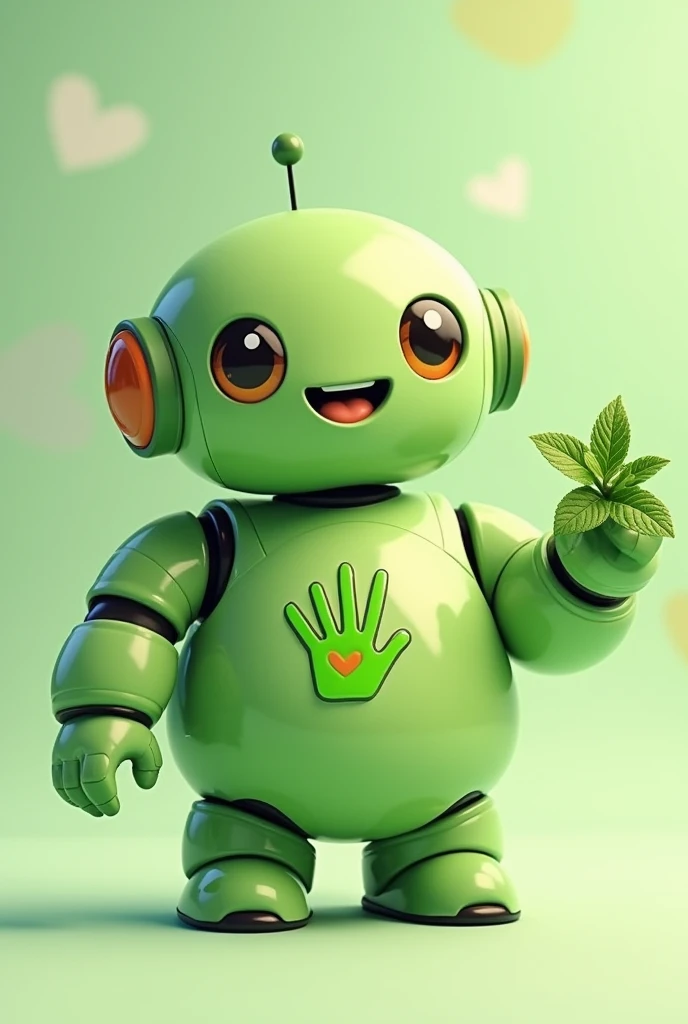 Friendly, chubby little green robot with a symbol of an open hand on its chest and a mint leaf in its hand