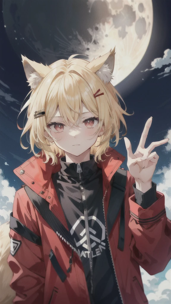 male,Around 18 years old,Wolf cut hairstyle,Blonde,Red eyes,Slanted Eyes,She is wearing a Batten hair clip.,Moon Collar,Black clothes,Red jacket,Looking at me and making a peace sign,Narrow eyes