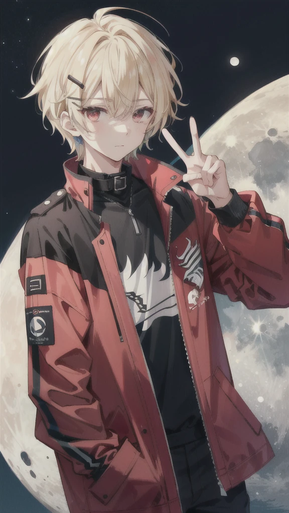 male,Around 18 years old,Wolf cut hairstyle,Blonde,Red eyes,Slanted Eyes,She is wearing a Batten hair clip.,Moon Collar,Black clothes,Red jacket,Looking at me and making a peace sign,Narrow eyes