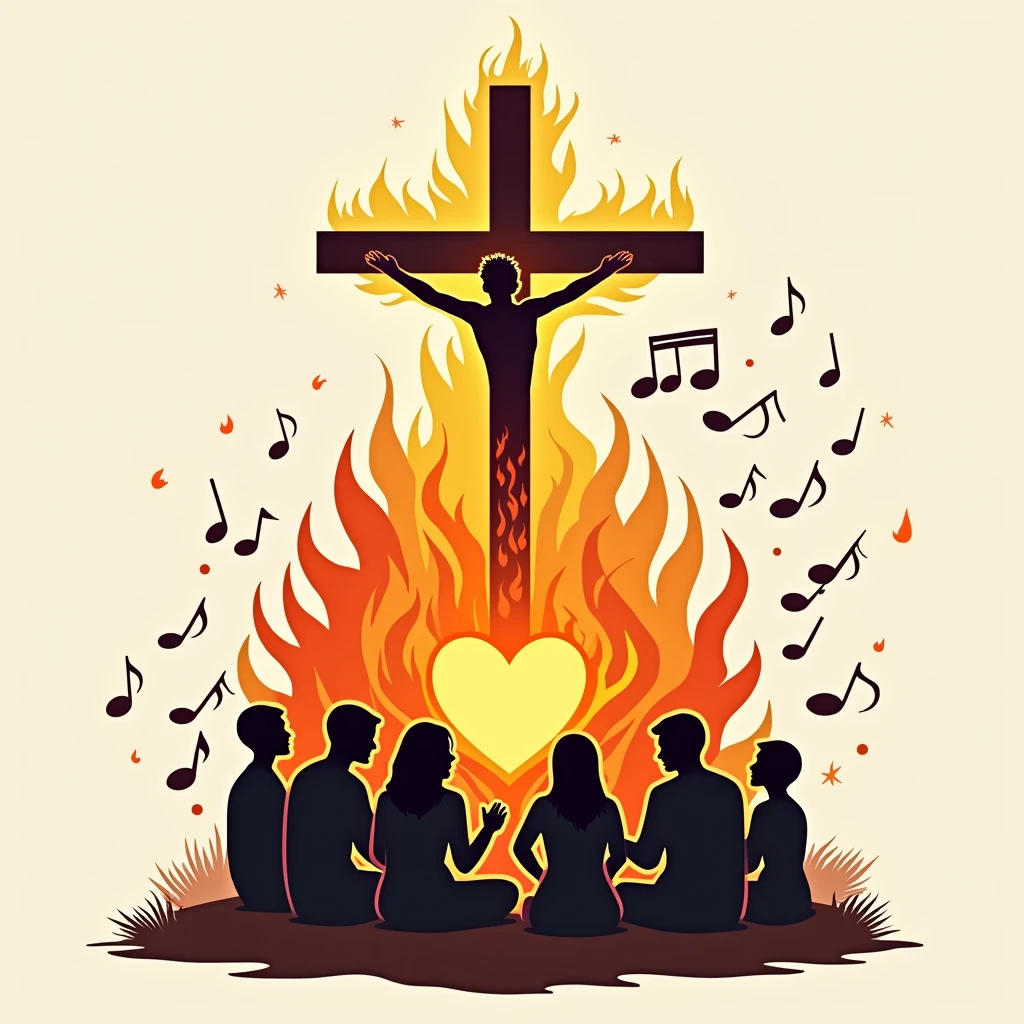 A Catholic music ministry logo, called Burning Fire. cross of christ, Heart, musical notes and grown-up people praying. Written "BURNING FIRE"