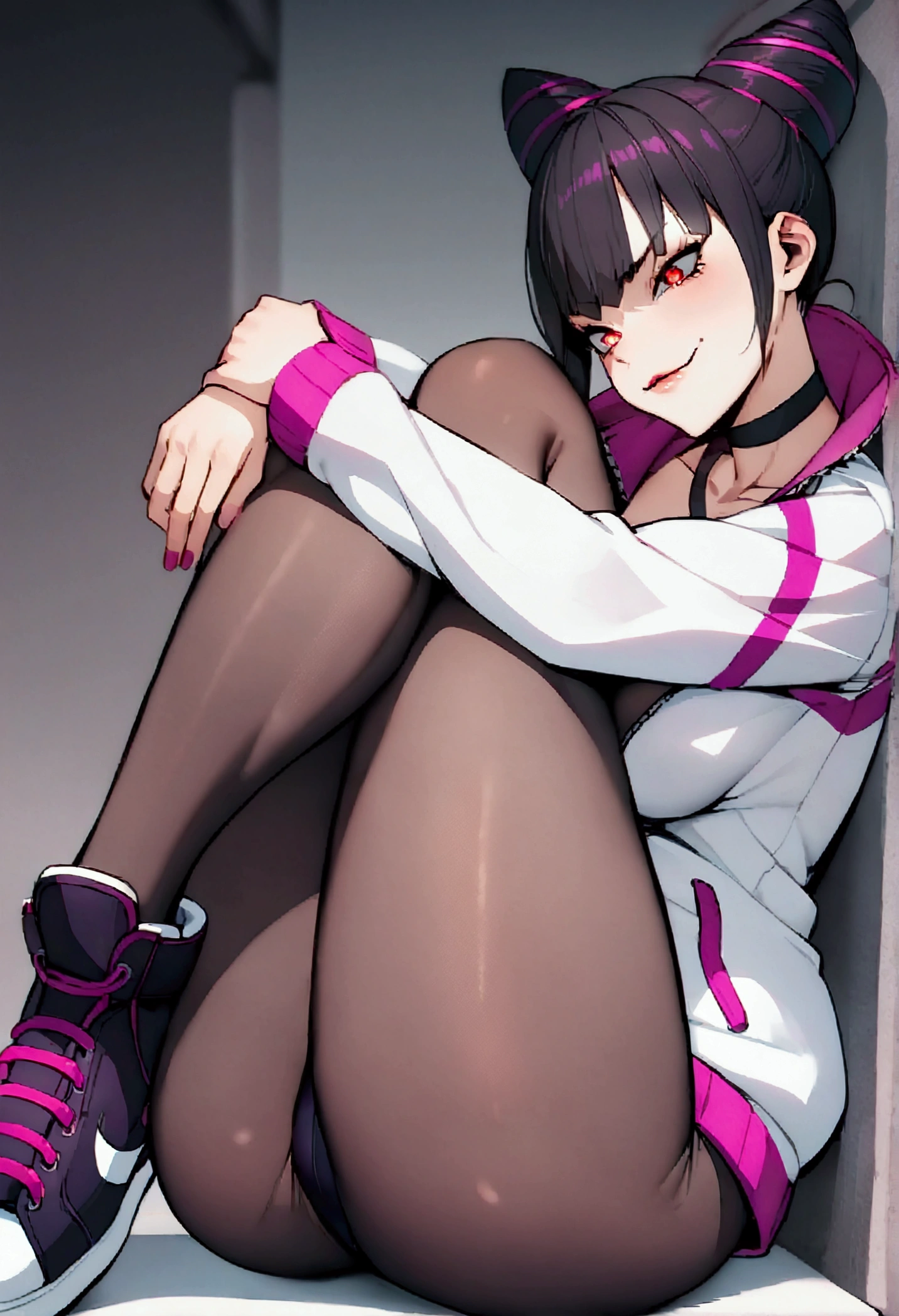Two beautiful young women,hugging with their legs,missionary posiçaolinda jovem fitness com , in a gym wearing May with black pantyhose, white and purple tight short gym jacket.,red eyes glowing,Evil smile,legging preto ,labiaa,dark eye shadow,shining eyes,,neckleace,jacket zipper half open,Tight black shirt,white sports tennis shoes,short hair with purple details,beautiful curves,whole body,hair with purple details,labiaa,detailed face and eyes,work of art,sexy look,missionary posiçao
