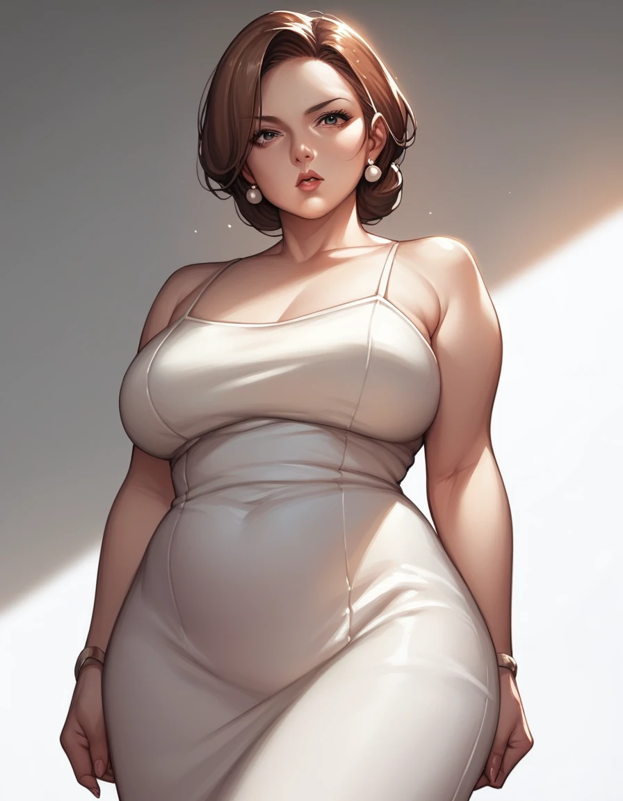 score_9, score_8_up, score_7_up, source_anime,1girl, mature female, brown hair, curvy mother, wide hips, normal breast, (caring expression:1.8), looking at viewer, standing, white dress, half complete body view