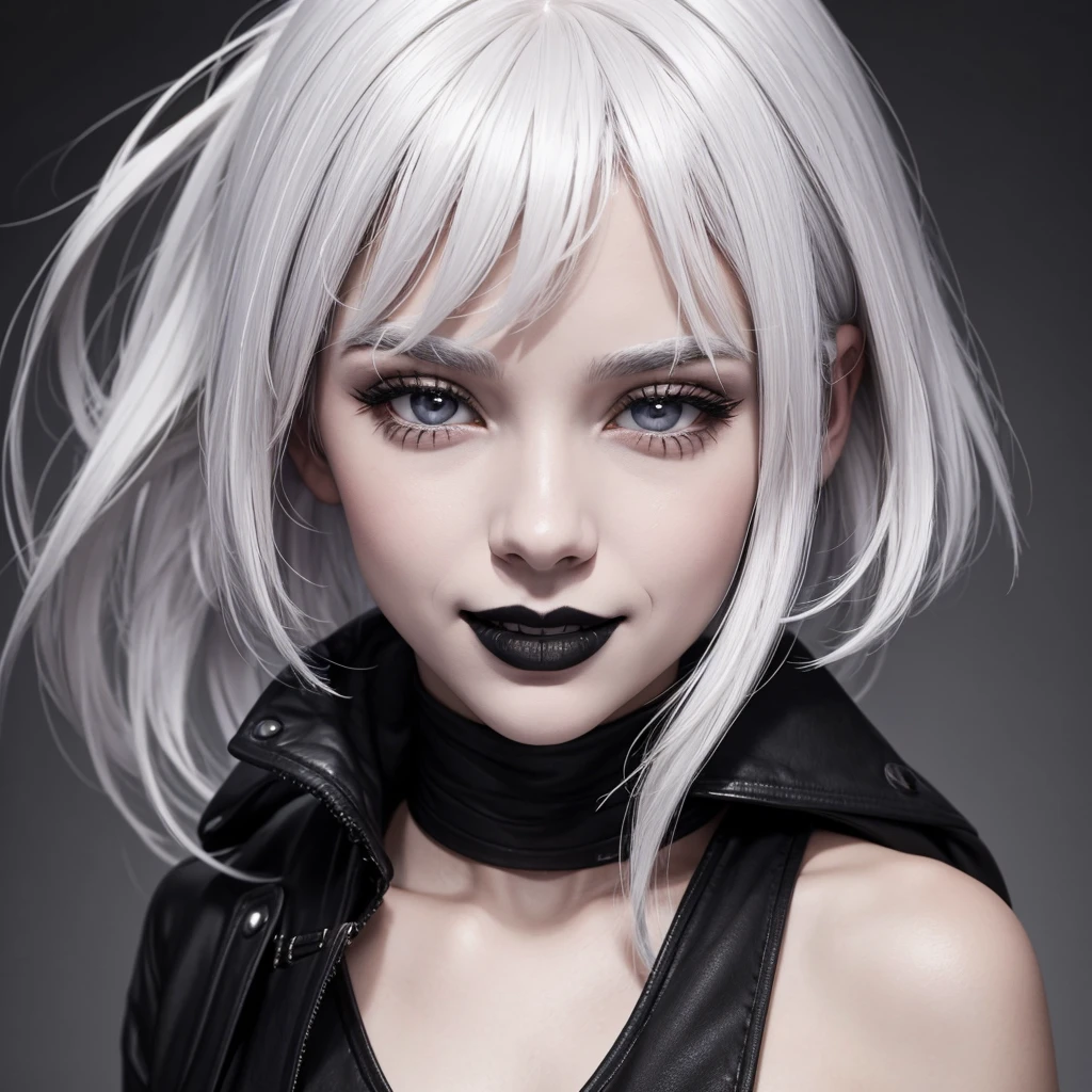 one girl, White hair, grey eyes, black lips, laughs, solid background