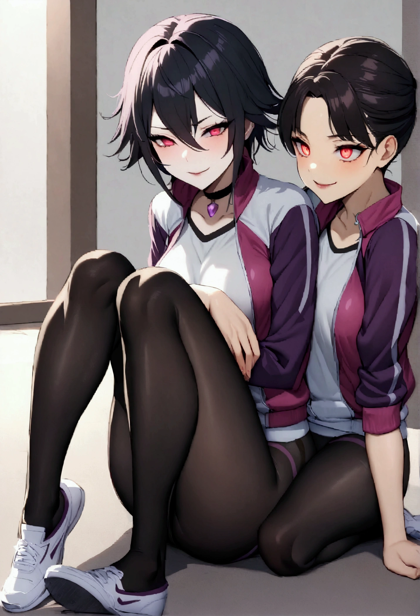 Two beautiful young women,hugging with their legs,missionary posiçaolinda jovem fitness com , in a gym wearing May with black pantyhose, white and purple tight short gym jacket.,red eyes glowing,Evil smile,legging preto ,labiaa,dark eye shadow,shining eyes,,neckleace,jacket zipper half open,Tight black shirt,white sports tennis shoes,short hair with purple details,beautiful curves,whole body,hair with purple details,labiaa,detailed face and eyes,work of art,sexy look,missionary posiçao