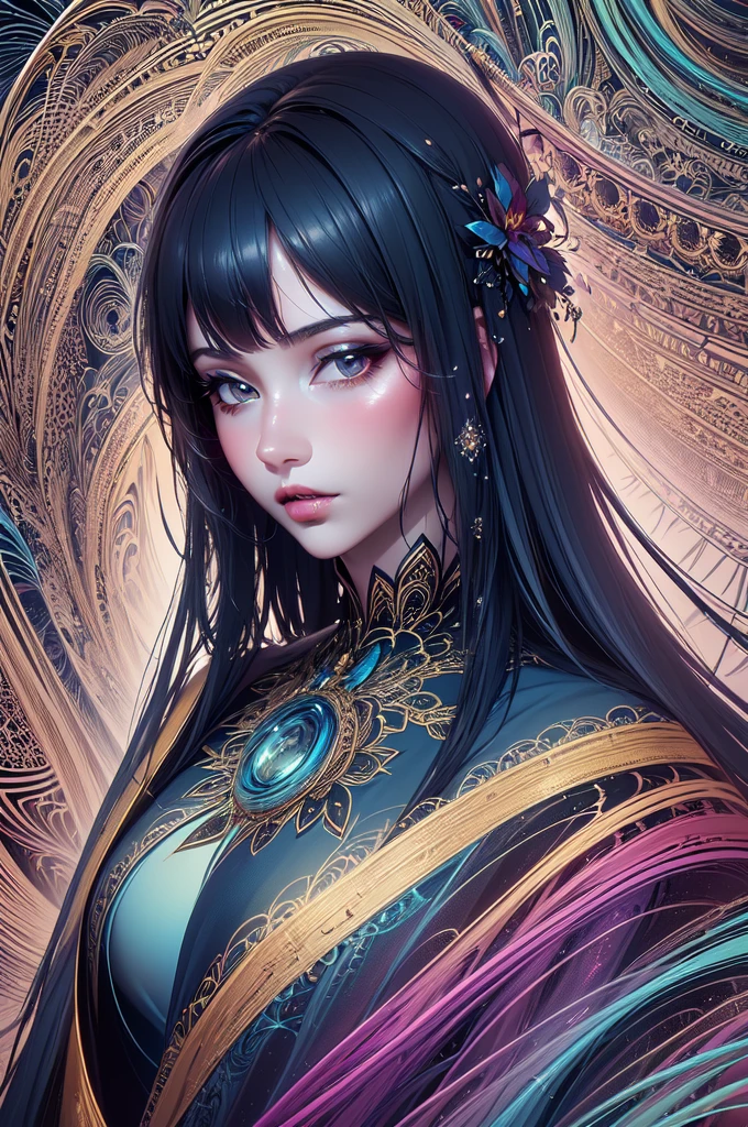 (masterpiece, Highest quality, Highest quality, Official Art, beautifully、aesthetic:1.2), (One girl:1.3), Very detailed,(Fractal Art:1.2),colorful,Most detailed,(Tangled:1.2), (Dynamic pose), (Abstract background:1.5), (traditional dress:1.2), (Glowing Skin), (Many colors:1.4) One girl,Realistic style with fantasy elements,High resolution,Realistic white and light black,Charming and realistic characters,Glowing Skin,beautiful,