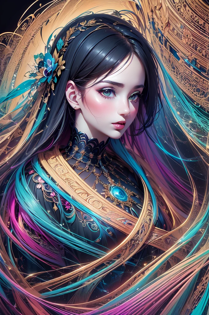 (masterpiece, Highest quality, Highest quality, Official Art, beautifully、aesthetic:1.2), (One girl:1.3), Very detailed,(Fractal Art:1.2),colorful,Most detailed,(Tangled:1.2), (Dynamic pose), (Abstract background:1.5), (traditional dress:1.2), (Glowing Skin), (Many colors:1.4) One girl,Realistic style with fantasy elements,High resolution,Realistic white and light black,Charming and realistic characters,Glowing Skin,beautiful,
