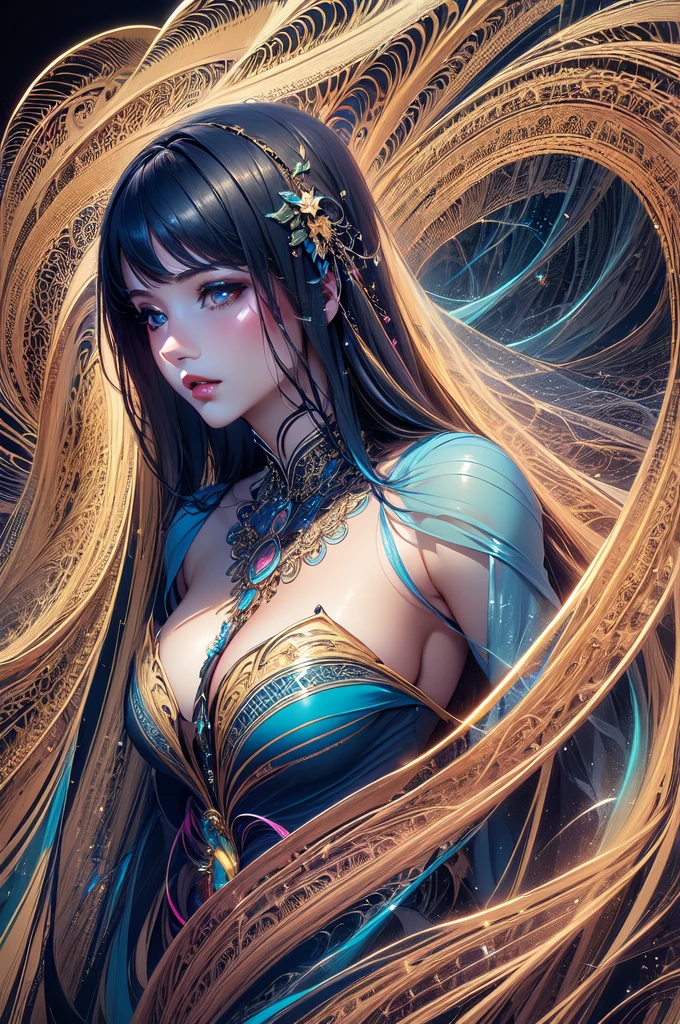 (masterpiece, Highest quality, Highest quality, Official Art, beautifully、aesthetic:1.2), (One girl:1.3), Very detailed,(Fractal Art:1.2),colorful,Most detailed,(Tangled:1.2), (Dynamic pose), (Abstract background:1.5), (traditional dress:1.2), (Glowing Skin), (Many colors:1.4) One girl,Realistic style with fantasy elements,High resolution,Realistic white and light black,Charming and realistic characters,Glowing Skin,beautiful,