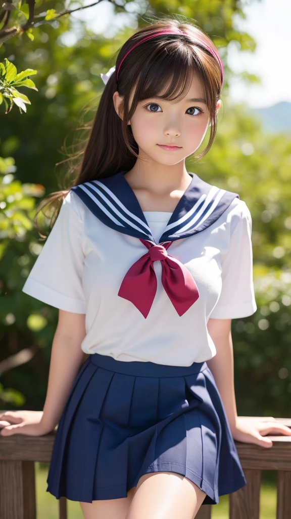 (masterpiece,Highest quality,Ultra-high resolution),Japanese women, Cute 10 year old girl, Innocent Girl、Childish、(Perfect limbs、Perfect Anatomy),(hair band).Cute Sailor Uniform、Short-sleeved sailor uniform、Super short skirt in navy blue、Thighs、(Skirt flipped up:1.2)、I can see your belly、pure white、Glowing Beautiful Skin、Watery eye、Shiny brown hair、The colors and landscapes of youth、(Large Breasts:1.1)