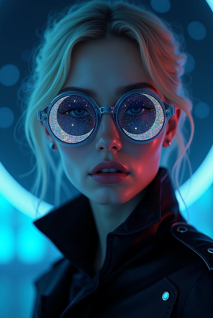 The model is wearing glass sunglasses with stars and the moon on the glass