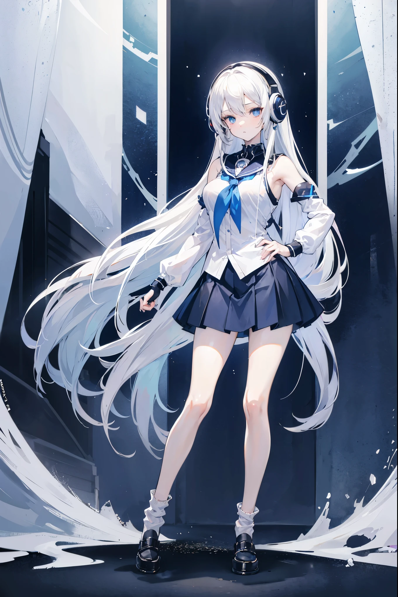 anime girl, 1 person, silver white hair, shoulder length hair, wearing headphones, dark blue eyes, women's shirt, dark blue skirt, short skirt, sockings, black sockings, big breasts, shy face, full body, solo, high quality images