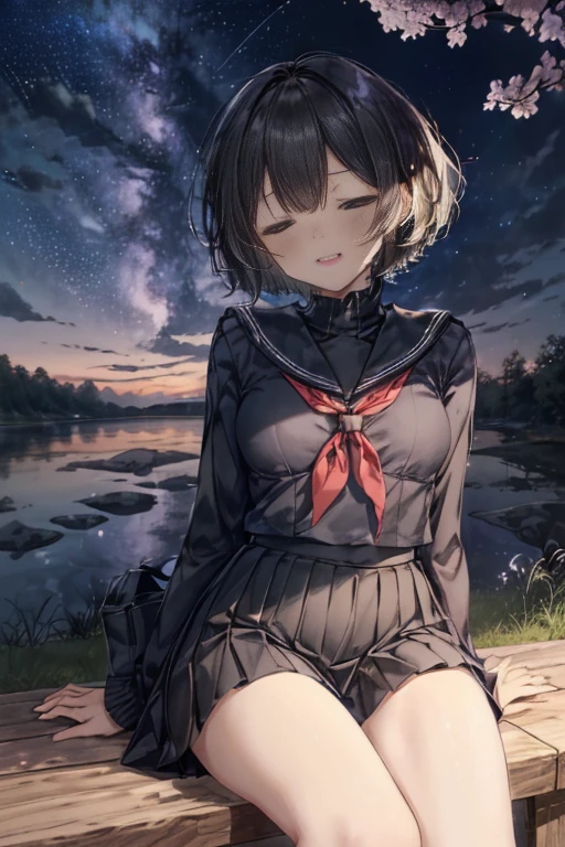  best quality, 1girl, solo, (osanai yuki), __posture__, short hair, black hair, bob cut, bangs, purple eyes, school uniform, red neckerchief, neckerchief, serafuku, sailor collar, socks, black skirt, skirt, long sleeves, pleated skirt, sweater, black socks, sleeves past wrists, black sailor collar, loafers, small breasts, breasts, cowboy shot, __looking__, __expression__, __background__. __posture__：standing\nstanding\n(contrapposto:1.1)\n(contrapposto:1.2)\n(sitting:1.1)\n(sitting:1.2) __looking__：looking_at_viewer\nlooking_at_viewer\nlooking_at_viewer\nlooking_at_viewer\nlooking_back __expression__：smile/nsmile/nsmile/nsmile, open_mouth/nsmile, closed_eyes/nopen_mouth/nshy/nlaughing/nangry/nevil/nlonely/ncrying __background__：outdoors, starry sky, night sky, sunset\nnight, night sky, cloudy sky, meteor, planet, cloud, star (sky), (starry sky:1.2)\n(outdoors), day, blue sky, cloud, nature, tree\noutdoors, day, blue sky, cloud, water\noutdoors, day, grass\ncherry blossoms, tree, outdoors, shooting star, petals, cloud\noutdoors, city, cityscape, scenery, building 