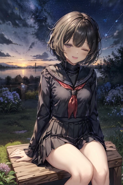 best quality, 1girl, solo, (osanai yuki), __posture__, short hair, black hair, bob cut, bangs, purple eyes, school uniform, red neckerchief, neckerchief, serafuku, sailor collar, socks, black skirt, skirt, long sleeves, pleated skirt, sweater, black socks, sleeves past wrists, black sailor collar, loafers, small breasts, breasts, cowboy shot, __looking__, __expression__, __background__. __posture__:standing\nstanding\n(contrapposto:1.1)\n(contrapposto:1.2)\n(sitting:1.1)\n(sitting:1.2) __looking__:looking_at_viewer\nlooking_at_viewer\nlooking_at_viewer\nlooking_at_viewer\nlooking_back __expression__:smile/nsmile/nsmile/nsmile, open_mouth/nsmile, closed_eyes/nopen_mouth/nshy/nlaughing/nangry/nevil/nlonely/ncrying __background__:outdoors, starry sky, night sky, sunset\nnight, night sky, cloudy sky, meteor, planet, cloud, star (sky), (starry sky:1.2)\n(outdoors), day, blue sky, cloud, nature, tree\noutdoors, day, blue sky, cloud, water\noutdoors, day, grass\ncherry blossoms, tree, outdoors, shooting star, petals, cloud\noutdoors, city, cityscape, scenery, building