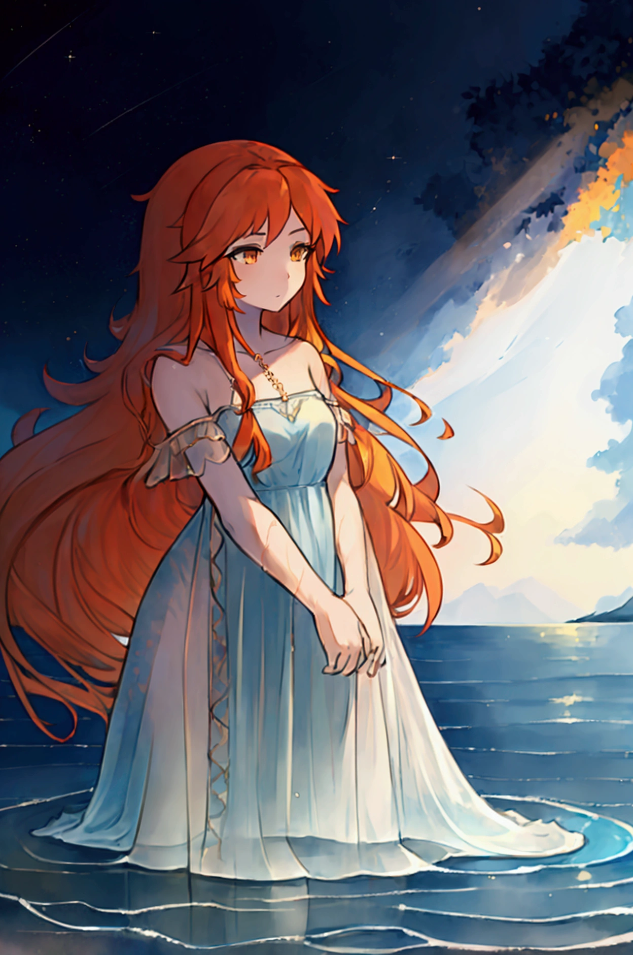 (masterpiece, best quality), ((1girl, solo, long hair)), Ishmael_limbus, innocence expression, bare arms, bare shoulders, bare neck, watercolor, sundress, liquid clothes, water, waves, water dress, blue_theme, night, mist, dark, sharp focus, sea, see-through dress, orange hair