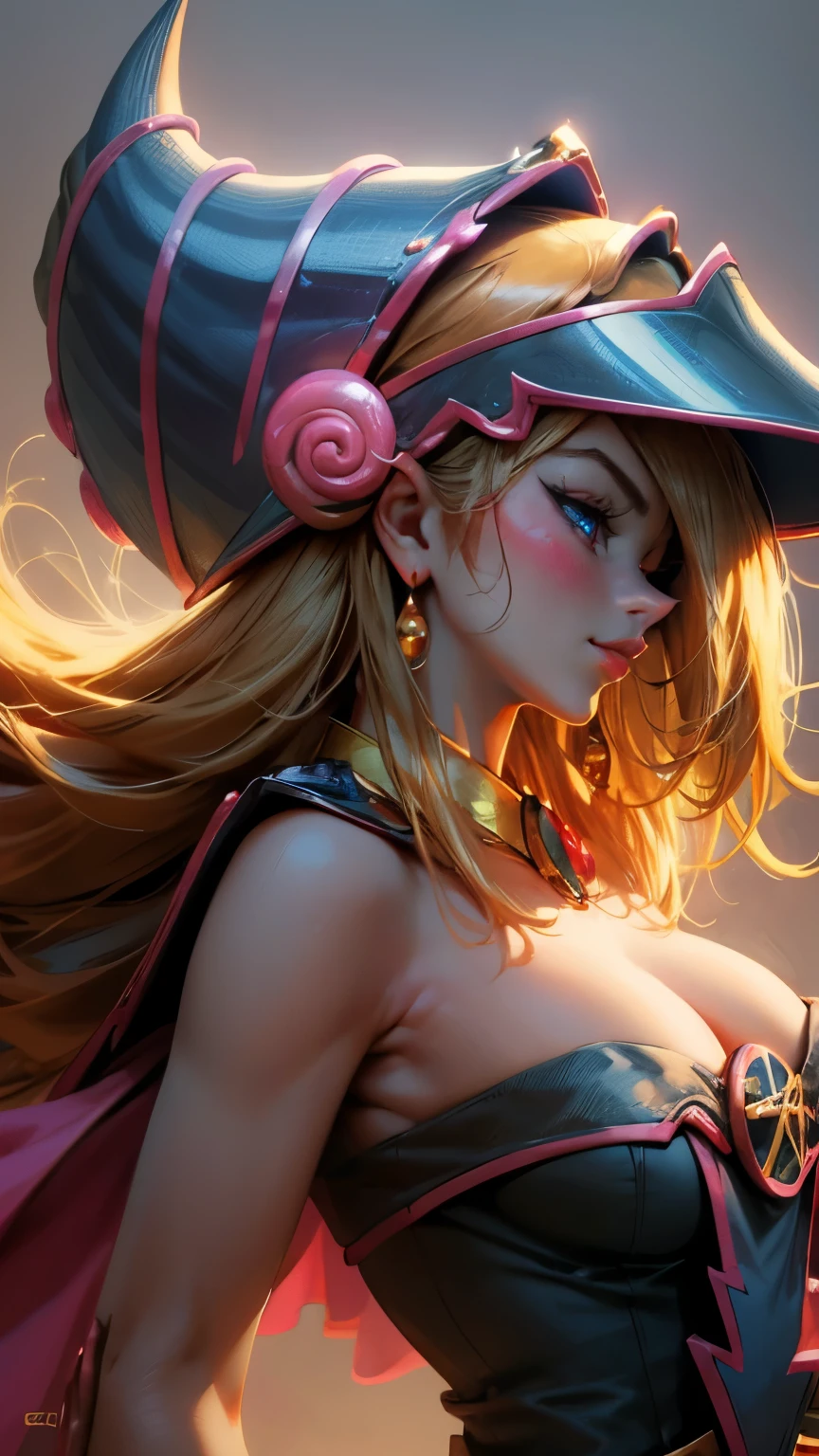 Beautiful face of dark magician gils. blue eyes. brio in the eyes. Large and thick false eyelashes, pink lips. blush on the cheeks, profile pose. Looking at one extreme. gold earrings. gold necklace. Thin neck. Long golden hair. Great cleavage. big breasts.