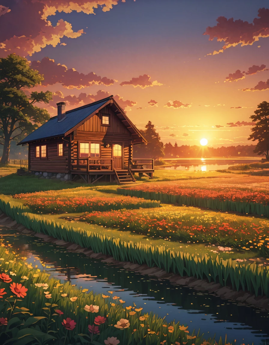 a painting of a cabin in a field,     meadow lake sunset tirgales illumination!!!!     anime art wallpaper 4k,    Highly detailed 4k digital art