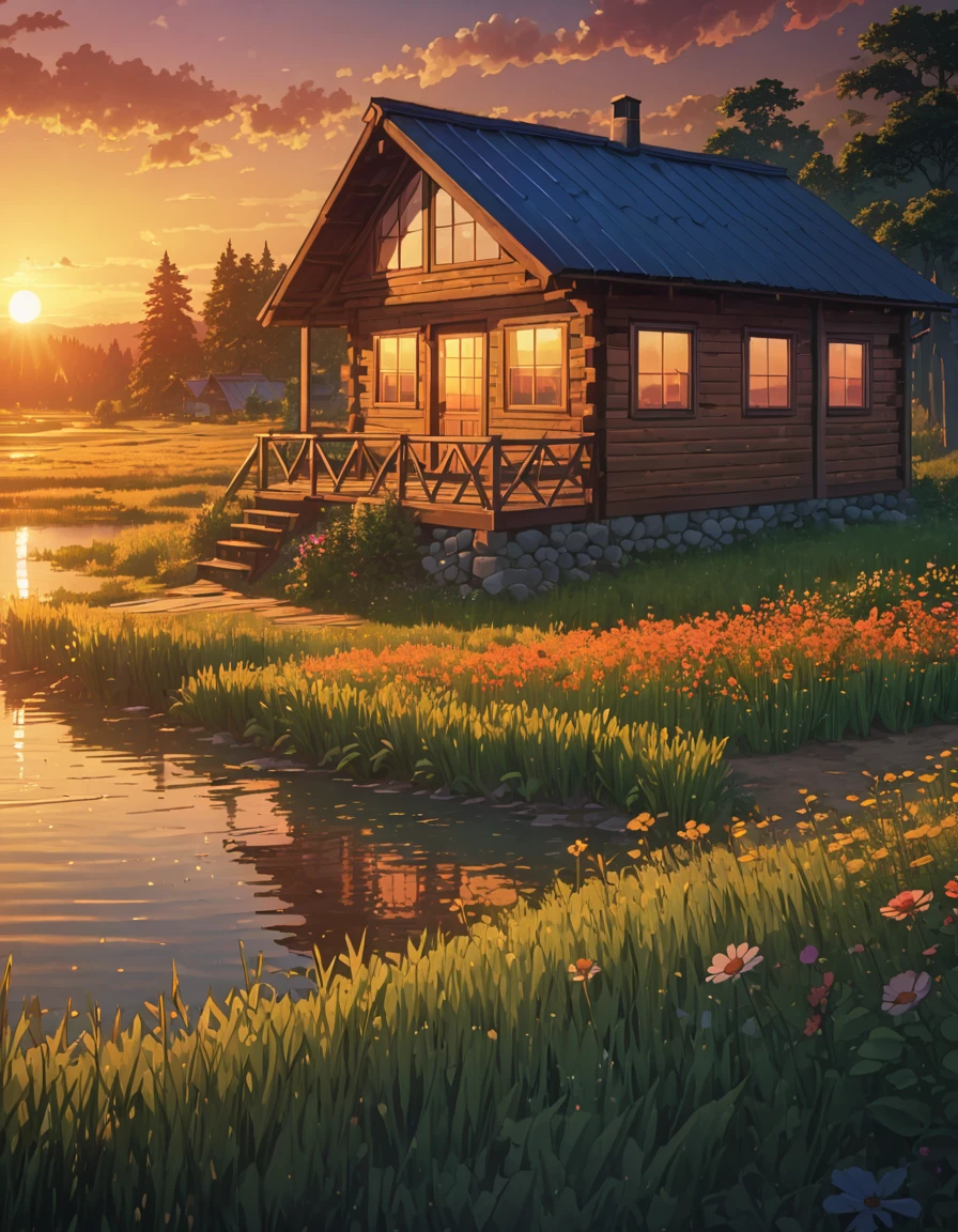 a painting of a cabin in a field, meadow lake sunset tirgales illumination!!!! anime art wallpaper 4k, Highly detailed 4k digital art