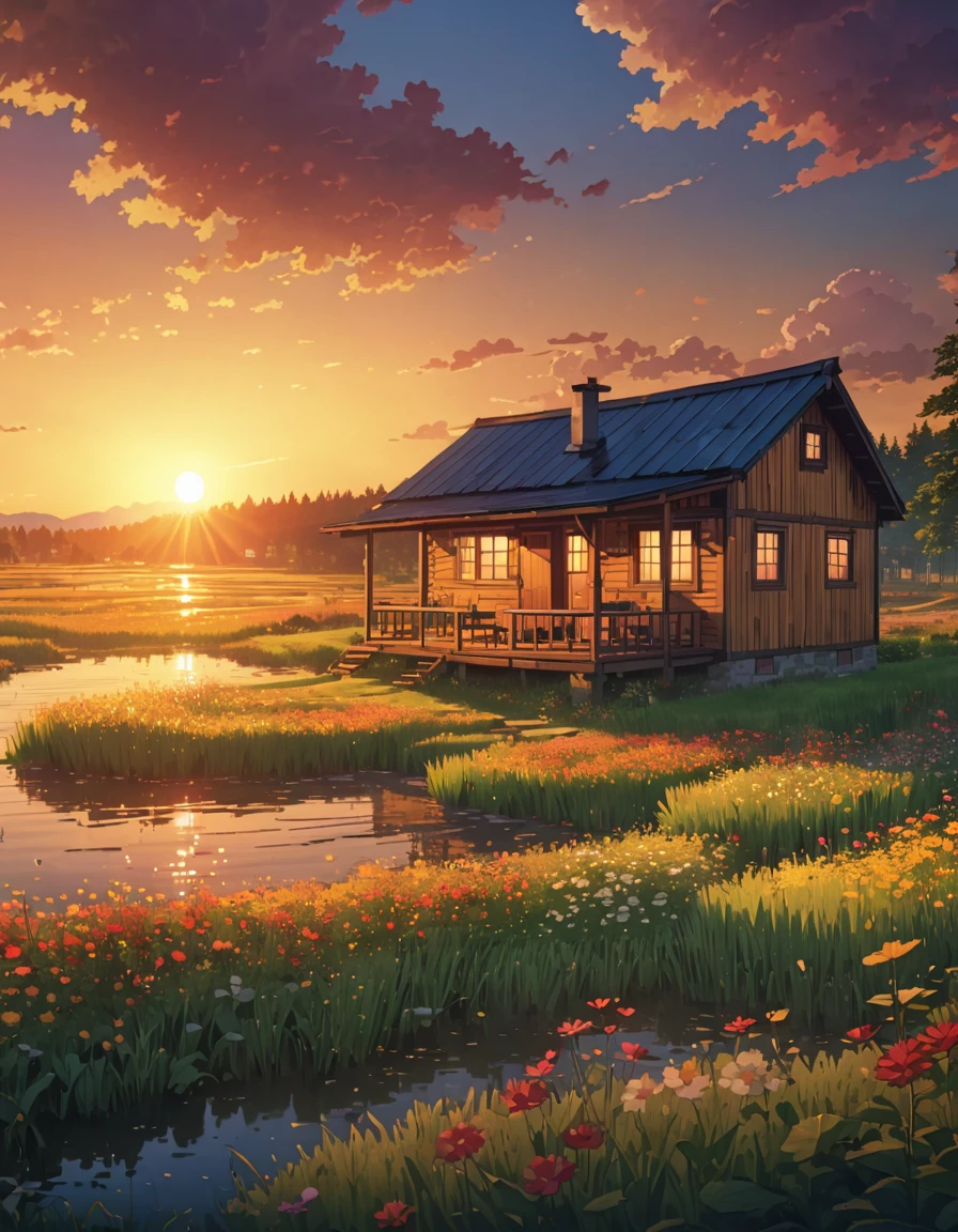 a painting of a cabin in a field, meadow lake sunset tirgales illumination!!!! anime art wallpaper 4k, Highly detailed 4k digital art