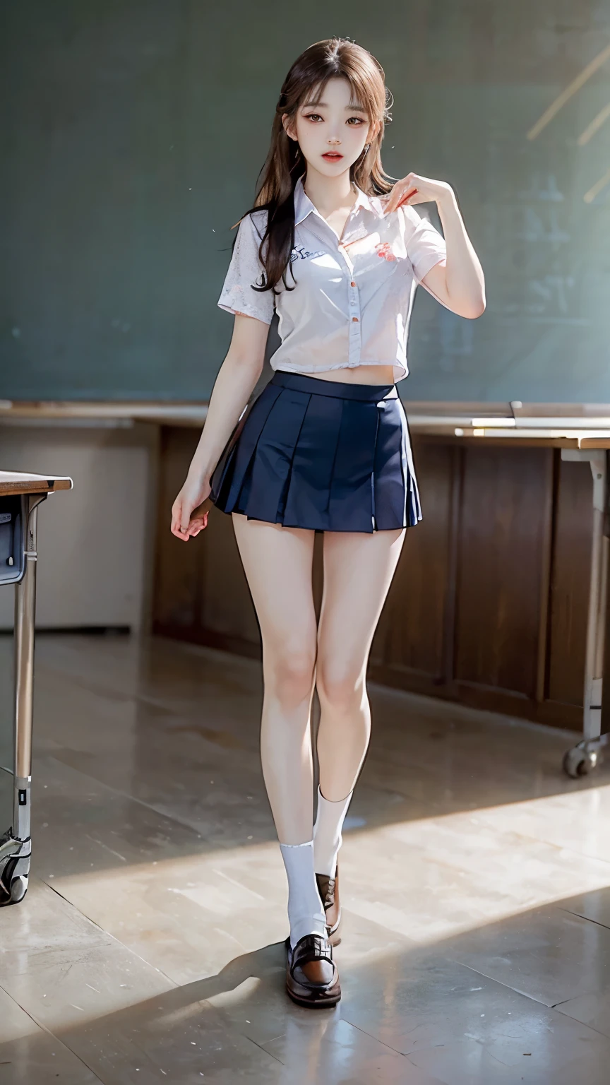 (masterpiece: 1.3), (Maximum resolution: 1.2), (Ultra HD TV: 1.2), Cinema Lights, Ultra HD TV, (Detailed eyes and skin), (Detailed facial features), High resolution, 8k resolution, Sharp focus: 1.2,(Full Body Shot:1.8), Perfect Style, Beautiful Face, Accurate, Anatomically correct, Very detailedな顔と肌の質感, Detailed eyes, Brown eyes, double eyelid, Thin eyebrows, Glitter Eyeliner: 1.2, Natural Cheeks, Glowing Skin, Fair skin: 1.2, Shiny little necklace and earrings, (Glossy Lips: 1.4),((Summer short-sleeved semi-transparent white shirt for student uniforms)) break, First Person View,Wearing a high school uniform,(((Cheng pattern student uniform super micro mini skirt))), (Fascinating face: 1.2), Pure and cute girl, (High ponytail, Wavy Hair, Black hair and some colored hair, Diagonal bangs),(Black Loafers),((Short navy blue socks that reach to the ankles)),((Wearing a red school tie)), Medium Long Hair, Photographing the whole body from below, ((Stand up straight with your legs together)), Focus on the face, ((Very close relationship: 1.2)), (Medium large breasts), (((In the classroom: 1.2)), ((Standing in a school classroom:1.4)), (Look at me)), (turn the whole body forward:1.2)，(Slim figure:1.3)，(Long legs:1.3)，(Thin legs:1.3)，Long hands，Thin hands,Small Ass,超Thin thighs,tall,((Height 173cm:1.3))，(Slim and muscular athletics body type:1.3)，Slim yet muscular legs，Thin thighs，long thighs，(((High skin exposure)))，((Bare legs))，((Anatomically correct)),high quality, masterpiece, Very detailed, High resolution, 4K, 超High resolution,((A girl who looks just like WONYOUNG from the Korean idol group IVE:1.8))，Age: 18, ((No pants)), ((Erect nipples and areolae clearly detailed)),Toned thighs,Toned Legs,((Detailed reproduction of the pussy crack)),,Bold erotic pose，((Detailed reproduction of the pussy crack)),((Anatomically correct:1.5)),Small Ass，超細くて超Long legs、細くてLong hands，((超Thin thighs))，((Erect nipples and areolae clearly detailed)),(((Bare legs:1.3)))，(Small Ass)，beautiful girl，cute，Tight waist，Detailed reproduction of the crotch area，(((No tights:1.4))),(((Photograph the whole body:1.9))),Inseam is half the height