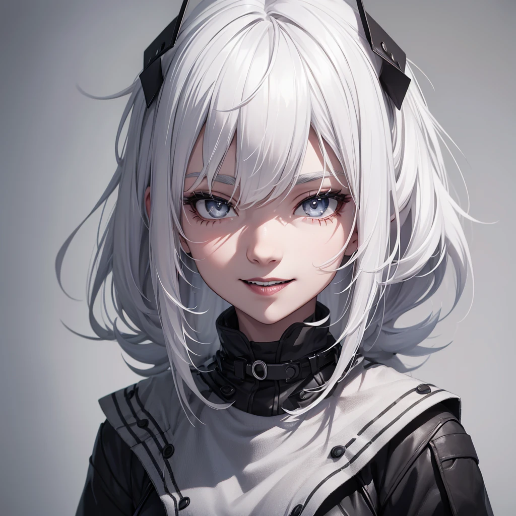 one girl, White hair, grey eyes, black lips, laughs, solid background