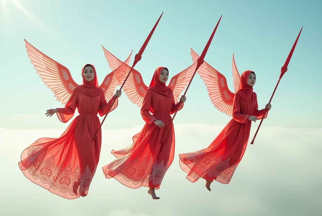 Three Muslim women flying, wearing costumes made of used plastic, soft transparent red and white colours with red and white motifs, with wings like Indonesian garuda, holding spears, elegant minimalist clasik design, wearing very long white skirts with motifs, above the sky, flying, hovering, like angels, with a frontal shooting angle, very realistic, (complex detail: 0.9), (hdr, hyperdetail: 1.2), RAW, Sony Alpha a9 II, 24-105mm f/4, HDR,