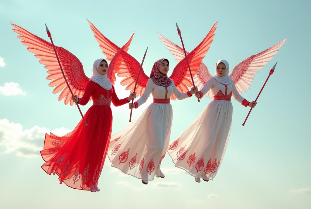 Three Muslim women flying, wearing costumes made of used plastic, soft transparent red and white colours with red and white motifs, with wings like Indonesian garuda, holding spears, elegant minimalist clasik design, wearing very long white skirts with motifs, above the sky, flying, hovering, like angels, with a frontal shooting angle, very realistic, (complex detail: 0.9), (hdr, hyperdetail: 1.2), RAW, Sony Alpha a9 II, 24-105mm f/4, HDR,