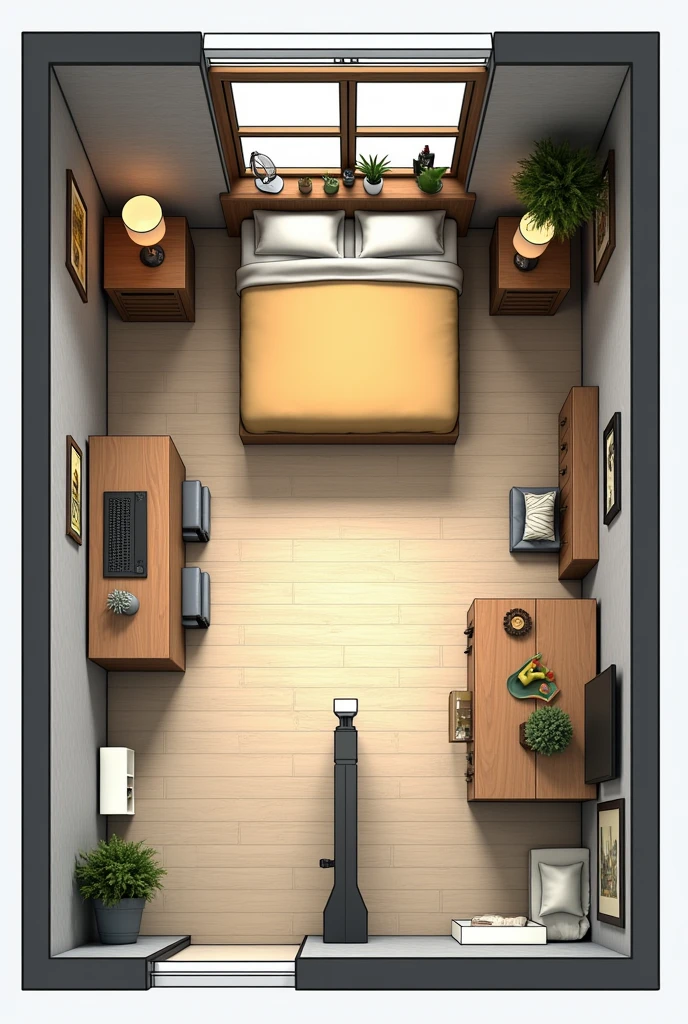 How to organize a room 4 meters long and 1 and a half meters wide if I have a 1 meter closet, a one meter dressing table, a 40 centimeter bed of 1 meter and a 1 meter table, also on a wall of 1 meter and has a large window of almost one meter. I have pictures of Harry Potter and Shrek. create a plan type image to improve the space