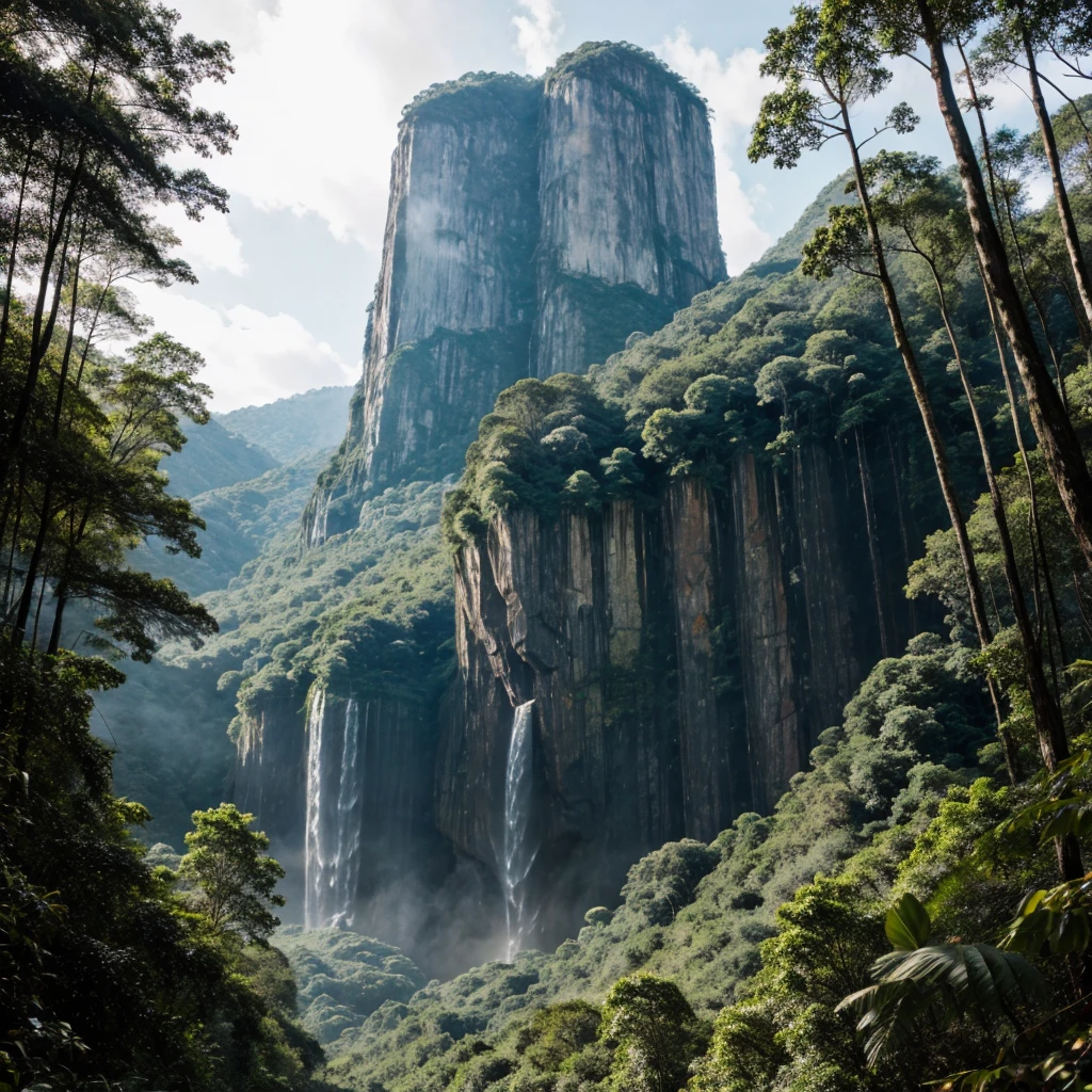 A person is wandering in the jungle, surrounded by towering trees and majestic hills. The dense forest and the towering landscape evoke a mix of awe and mystery as nature’s grandeur unfolds around them.