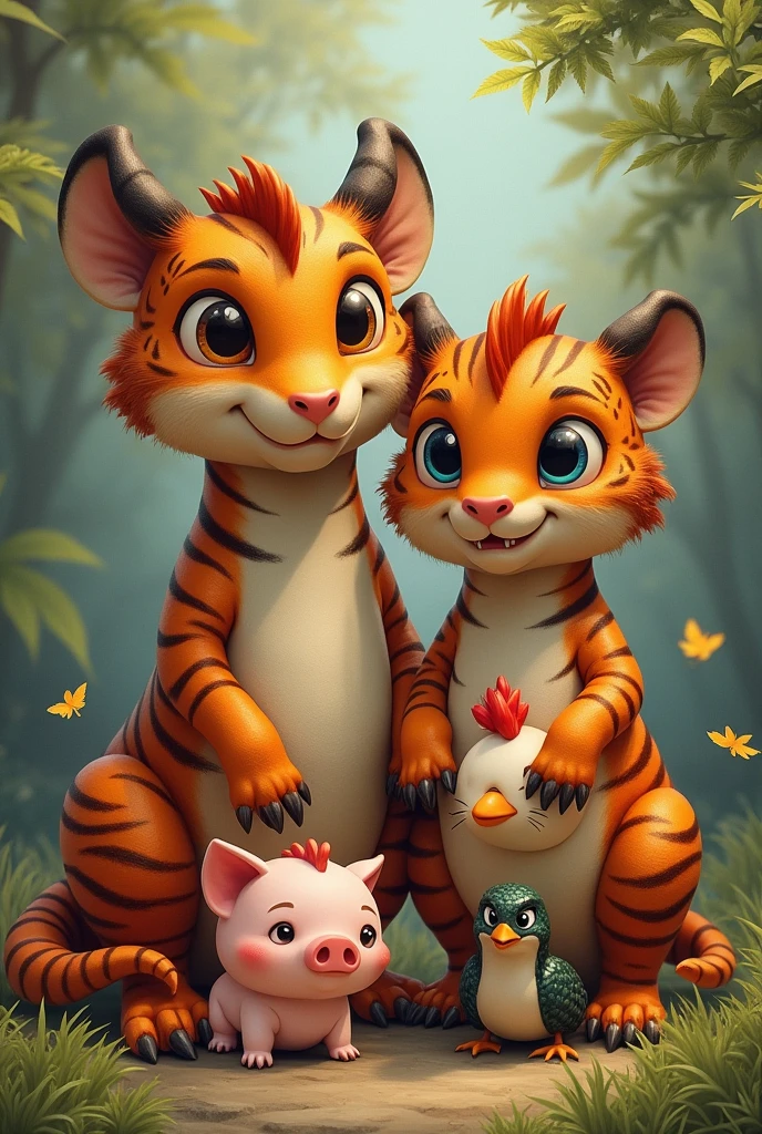 Daddy is dragon, mommy is tiger. Big son is pig, small is chicken, girl is beauty snake. They are family. 