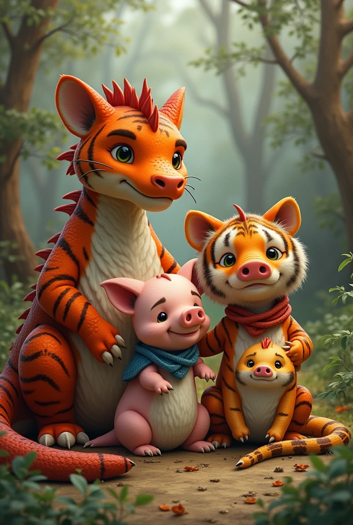 Daddy is dragon, mommy is tiger. Big son is pig, small is chicken, girl is beauty snake. They are family.