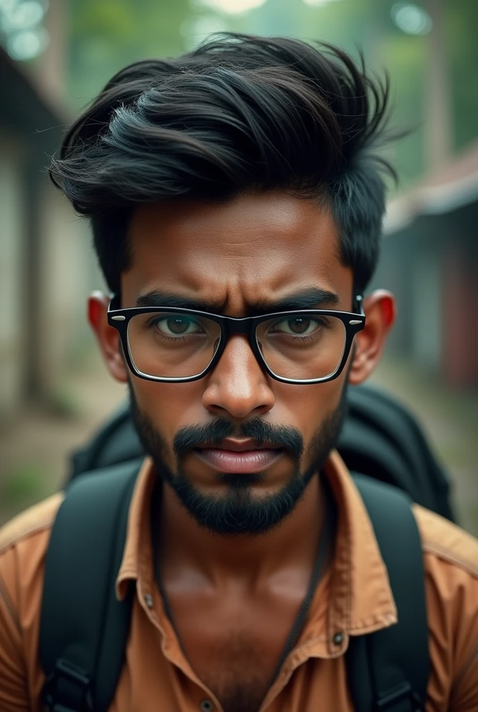 indian boy, skinny, goatee, glasses, backpack, angry, portrait, outdoors.