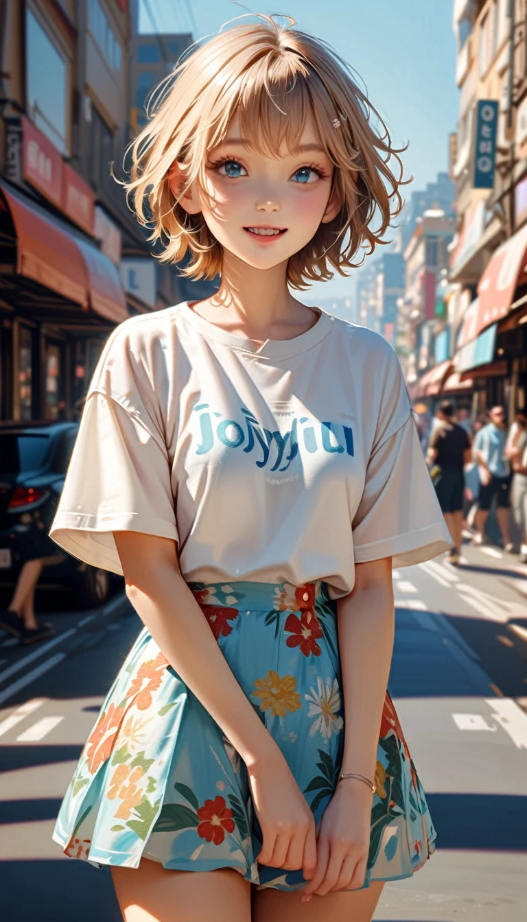 Best quality, masterpiece, ultra high res, (photorealistic:1.5), raw photo,cute young short hair girl chilling around the city, the sky are blue and very happy joyful day, she is wearing a modern shirt with cute flower skirt, soft color
