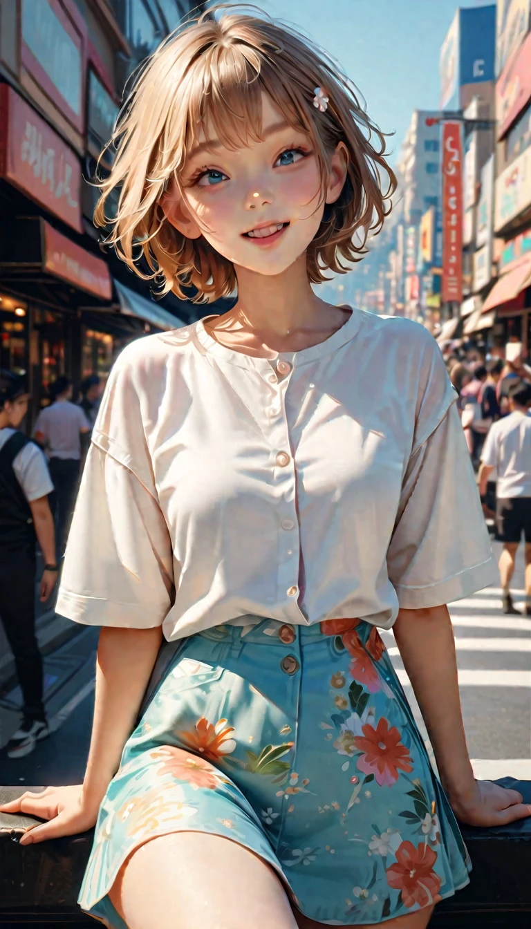 Best quality, masterpiece, ultra high res, (photorealistic:1.5), raw photo,cute young short hair girl chilling around the city, the sky are blue and very happy joyful day, she is wearing a modern shirt with cute flower skirt, soft color