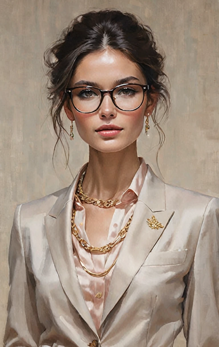 Create a digital influencer with an elegant appearance, featuring Mediterranean traits, long and straight brown hair, appearing to be 25-30 years old. She should have a warm, constant smile and wear stylish eyeglasses that enhance her professional demeanor. Dress her in a tailored, sophisticated dark-colored business suit, complemented by a silk blouse in a soft, neutral tone, such as ivory or blush. Add subtle, gold jewelry, like a delicate necklace and small earrings, to enhance the outfit's elegance. Ensure the overall look is polished, professional, and refined. Avoid exaggerated facial features, unnatural hair colors, overly casual attire, or loud pattern, dramatic lighting, illustration by Greg rutkowski, yoji shinkawa, 4k, digital art, concept art, trending on artstation, \(BEST PHOTO\),
(Photography, raw format, photo:1.1),