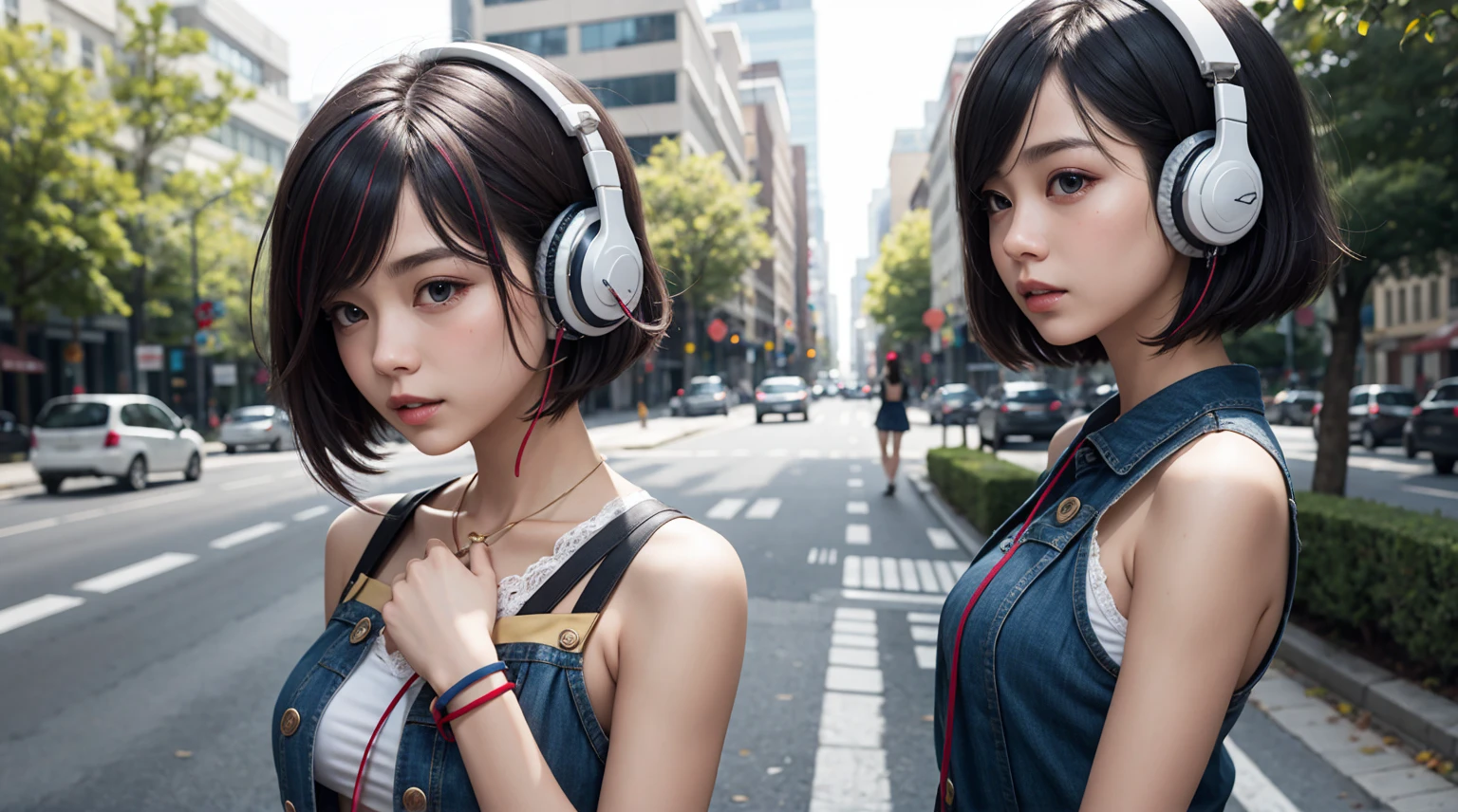 asterpiece, highest quality, Summer costumes, headphones, colorful hair, outdoor,Upper body,Shorthair girl