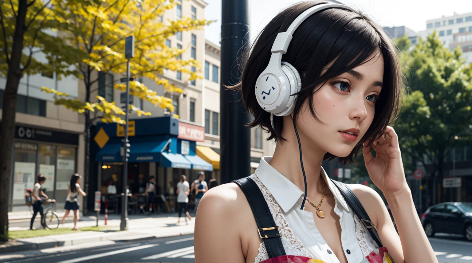 asterpiece, highest quality, Summer costumes, headphones, colorful hair, outdoor,Upper body,Shorthair girl