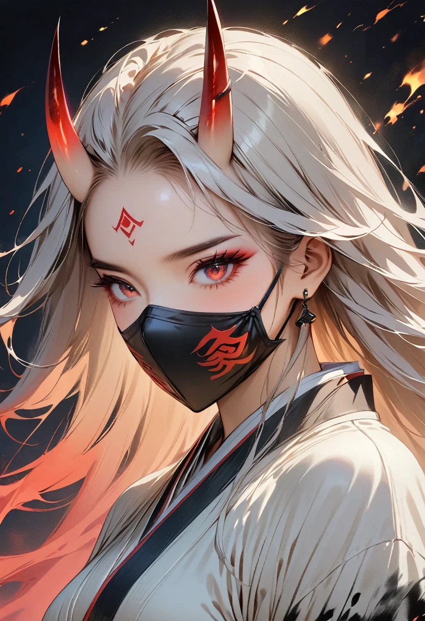 (Masterpiece, Top quality, Best quality, Official art, Beautiful and aesthetic:1.2), Ink painting, (((1 girl))), (((covered mouth, mouth mask))), (((Very detailed forehead tattoo))), (((Anbu mask))) sexy devil,1 girl, wearing a kimono, (2 small oni horns:1.6), fire around her, Glowing body, Colorful, Top detailed, Cold light, Tattoo