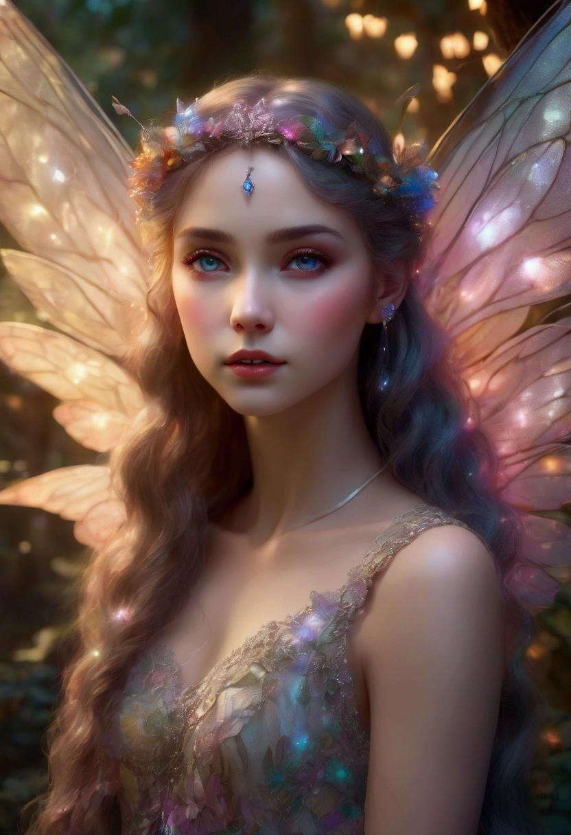 a beautiful fairy girl, delicate facial features, long eyelashes, porcelain skin, detailed intricate wings, whimsical expression, colorful fantasy forest background, magical glowing lights, warm soft lighting, vibrant colors, ethereal atmospheric, highly detailed, 8k, photorealistic, masterpiece