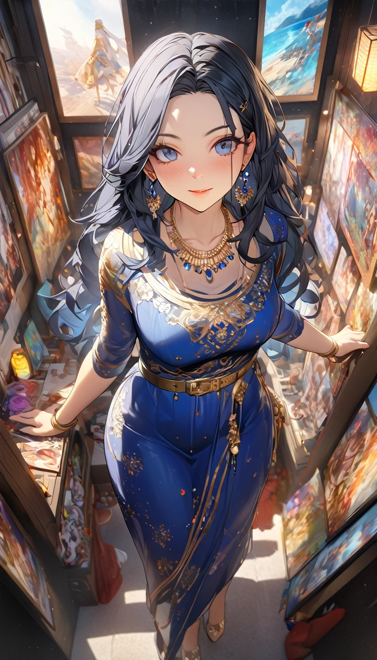 Browsing Caution, masterpiece, Arabian woman in blue dress with gold belt and necklace, 3d rendering character art 8k, Trending on cgstation, Chengwei Pan at Art Station, Inspired by Run In, 8K Art Germany Bokeh, 8K high quality, detailed art, deviantart artstation cgscosiety, cgsociety 8k, cgsociety 8k