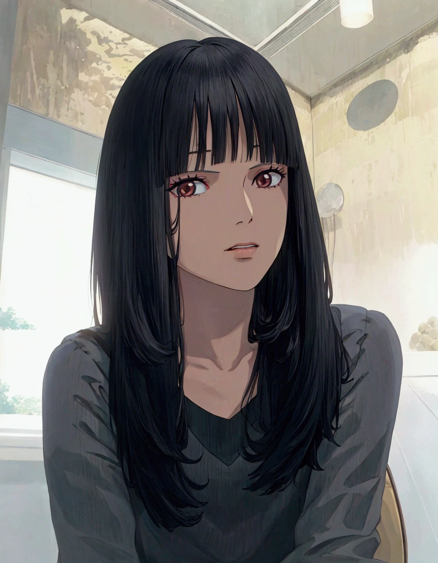 ghibli style, arafed asian woman with long black hair sitting in a chair, black hime cut hair, she has black hair with bangs, long hair with bangs, neat hair with bangs, long black hair with bangs, long hair with full bangs, with bangs, white hime cut hairstyle, long dark hair with bangs, korean girl, beautiful south korean woman, with full bangs