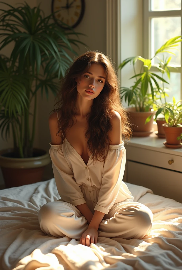 (photorealism:1.2), beautiful woman, sitting on bed, wearing loose off-shoulder top, pajama pants, long curly hair, indoors, soft lighting, plants in background, window with sunlight, cozy room, relaxed pose, realistic, intricate details, warm colors, by Greg Rutkowski, by Alphonse Mucha