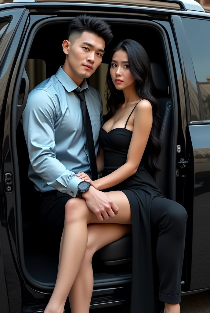 A man with fair skin without beard and skinny body fit with light blue satin shirt  and  black pent. having beautiful black hairstyle of wolf cut. he wearing black tie and black watch.also wearing black shoes. sitting in black fortuner car posing full body image. and a women sitting on his thigh and wearing black one piece to the knee dress with sexy body skinny with black hair.