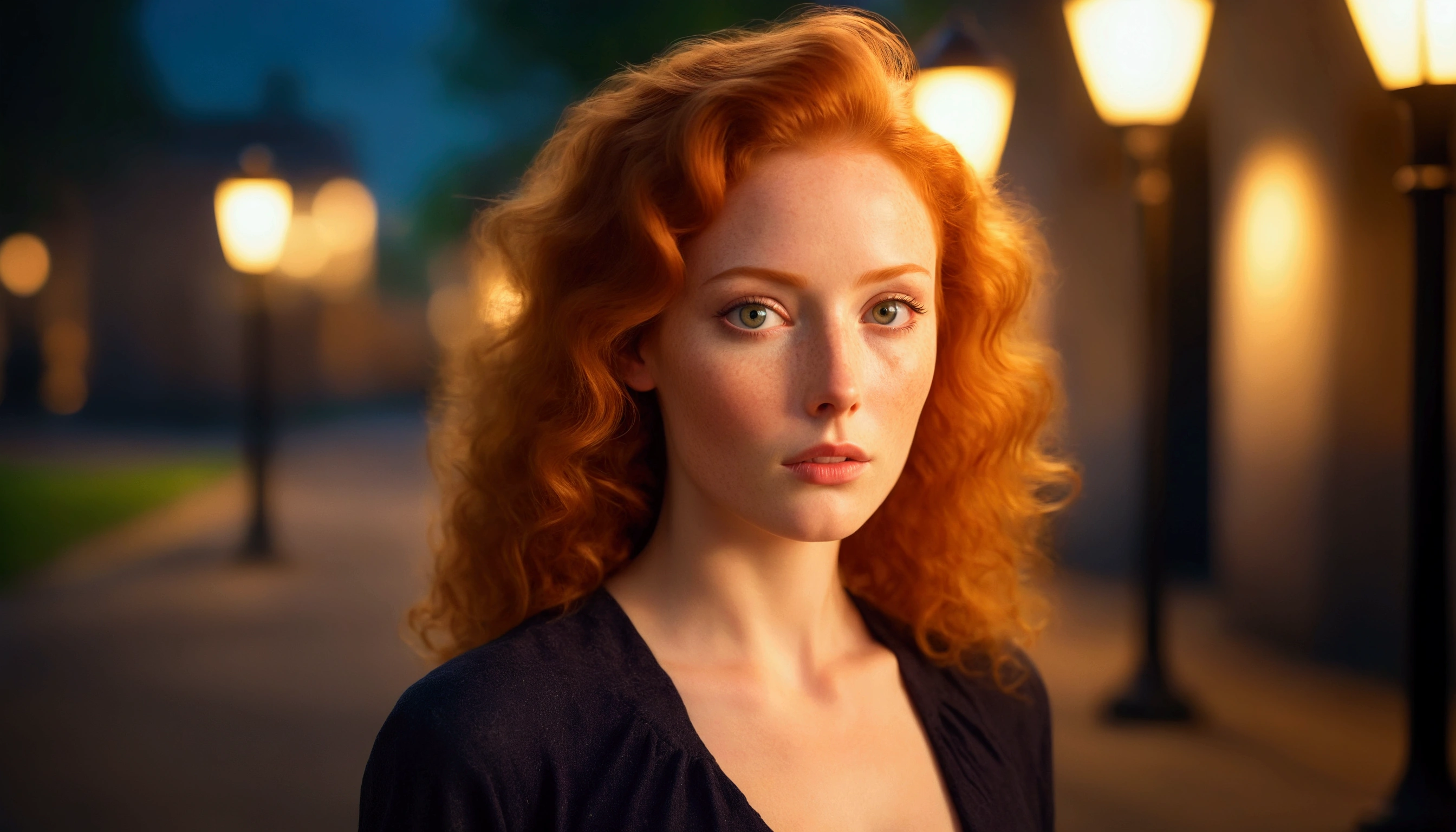 
Realistic portrait of a beautiful natural red haired adult woman with a mysterious look with herself as the main subject. She has natural light red hair that is long, curly and voluminous, her skin is pale, her face is round with a few freckles, and her eyes are bright honey-colored, characteristic of a natural red haired woman. She is dressed in a beautiful, sophisticated dress and looks at the camera with a penetrating, mysterious gaze, in a nocturnal outdoor setting that suggests a beautiful square with lampposts, trees, grass and benches. The artificial side lighting is warm, highlighting the woman's face and eyes, creating soft shadows and reinforcing the mysterious tone of the scene. The background is blurred to suggest a dimly lit environment and focus on the main subject, with a bokeh effect of a few points of light suggesting streetlamps. High-resolution professional photography with extreme detail.
