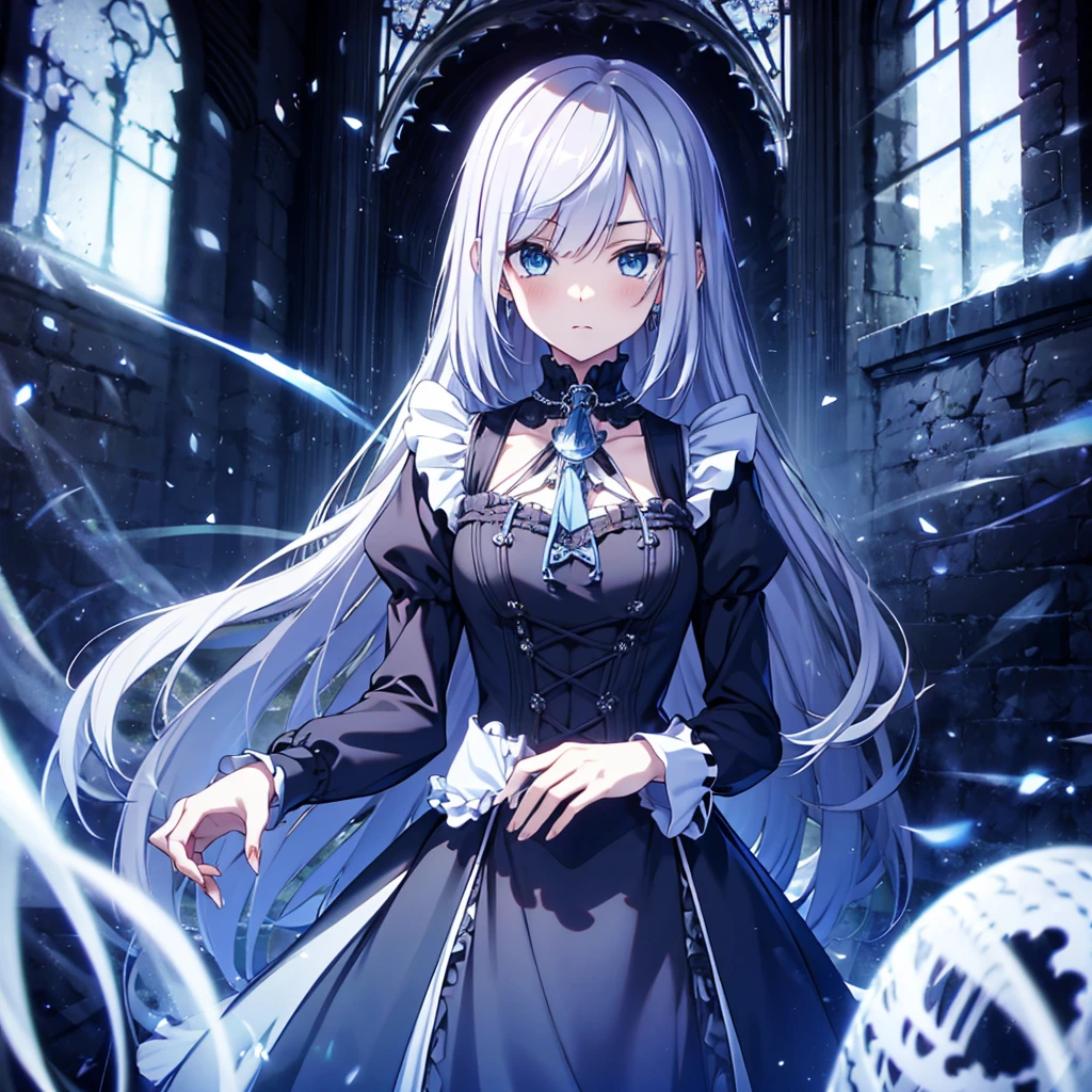 {{{Expressionless}}},{{{{One Woman}}}},{{{Age 35}}},{{{{{Mature Woman}}}}},{{{{{solo}}}}},small ,{{{{{Hide your hands}}}}},Maid clothes,Gothic Maid,Long skirt,Sharp medium long straight hair,Long sleeve,Long Bangs,Silver short-cut hair, Hollow Eyes,Highest quality,Delicate background,8k wallpaper,Frills,Super Detail,pastel blue eyes,Narrow eyes,beautiful buildings in london,{{{One Face}}},Two arms,2 Foot,{{{{{Have nothing}}}}},Perfect skeleton