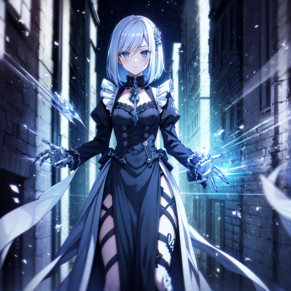 {{{Expressionless}}},{{{{One Woman}}}},{{{Age 35}}},{{{{{Mature Woman}}}}},{{{{{solo}}}}},small ,{{{{{Hide your hands}}}}},Maid clothes,Gothic Maid,Long skirt,Sharp medium long straight hair,Long sleeve,Long Bangs,Silver short-cut hair, Hollow Eyes,Highest quality,Delicate background,8k wallpaper,Frills,Super Detail,pastel blue eyes,Narrow eyes,beautiful buildings in london,{{{One Face}}},Two arms,2 Foot,{{{{{Have nothing}}}}},Perfect skeleton