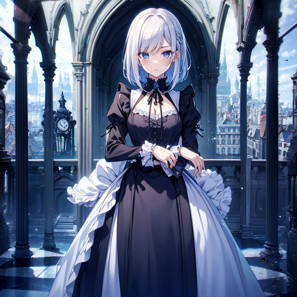 {{{Expressionless}}},{{{{One Woman}}}},{{{Age 35}}},{{{{{Mature Woman}}}}},{{{{{solo}}}}},small ,{{{{{Hide your hands}}}}},Maid clothes,Gothic Maid,Long skirt,Sharp medium long straight hair,Long sleeve,Long Bangs,Silver short-cut hair, Hollow Eyes,Highest quality,Delicate background,8k wallpaper,Frills,Super Detail,pastel blue eyes,Narrow eyes,beautiful buildings in london,{{{One Face}}},Two arms,2 Foot,{{{{{Have nothing}}}}},Perfect skeleton