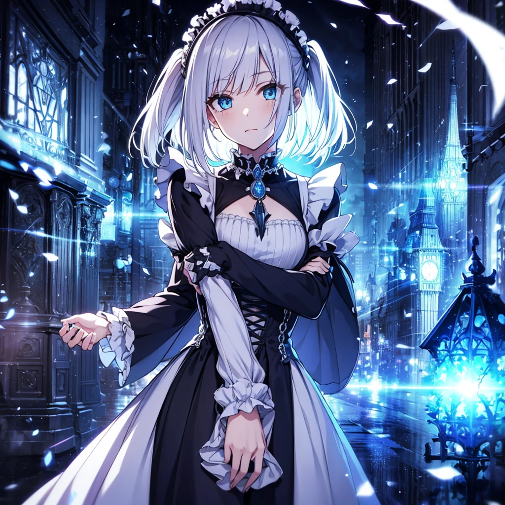 {{{Expressionless}}},{{{{One Woman}}}},{{{Age 35}}},{{{{{Mature Woman}}}}},{{{{{solo}}}}},small ,{{{{{Hide your hands}}}}},Maid clothes,Gothic Maid,Long skirt,Sharp medium long straight hair,Long sleeve,Long Bangs,Silver short-cut hair, Hollow Eyes,Highest quality,Delicate background,8k wallpaper,Frills,Super Detail,pastel blue eyes,Narrow eyes,beautiful buildings in london,{{{One Face}}},Two arms,2 Foot,{{{{{Have nothing}}}}},Perfect skeleton