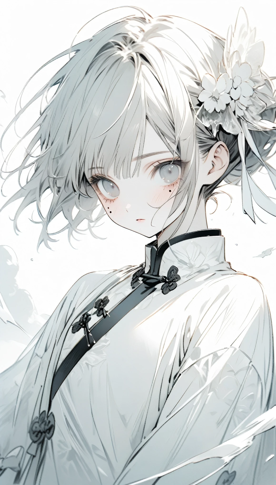 sweets dream, A colorful world, cute, like, Highest quality, masterpiece,【Highest quality, Tabletop】 (Gray white background:1.7), Han Fei,Grey Hair,White flower hair ornament,White ribbon,Grey Eyes,Tear mole under the eye,Black and white clothes,White translucent socks,Fleeting,Expressionless,dream,White background,whole body,Character portrait,A disdainful look,Chinese style clothes,Chinese clothing,Monochrome,Fleeting,Paired Drawings,Two people who are complete opposites,Relatives and friends